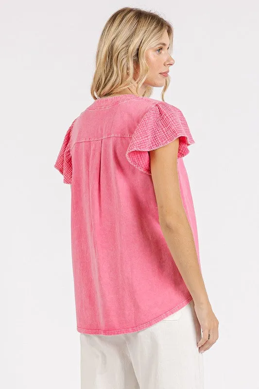 Mittoshop Mix Media Ruffle Short Sleeve Mineral Wash Top