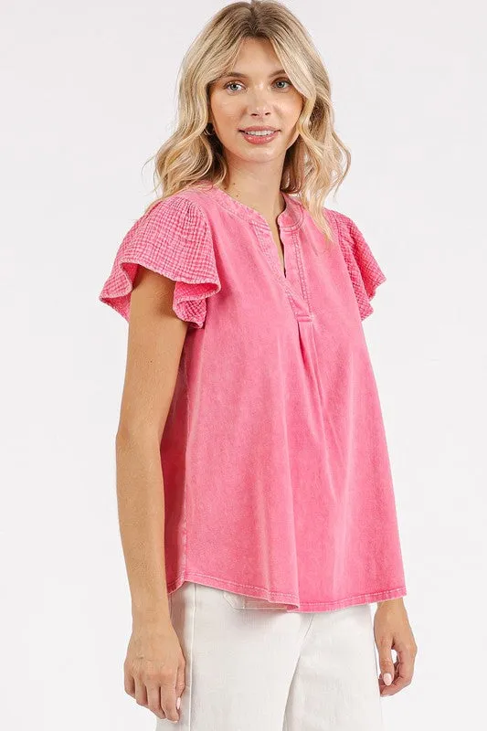Mittoshop Mix Media Ruffle Short Sleeve Mineral Wash Top
