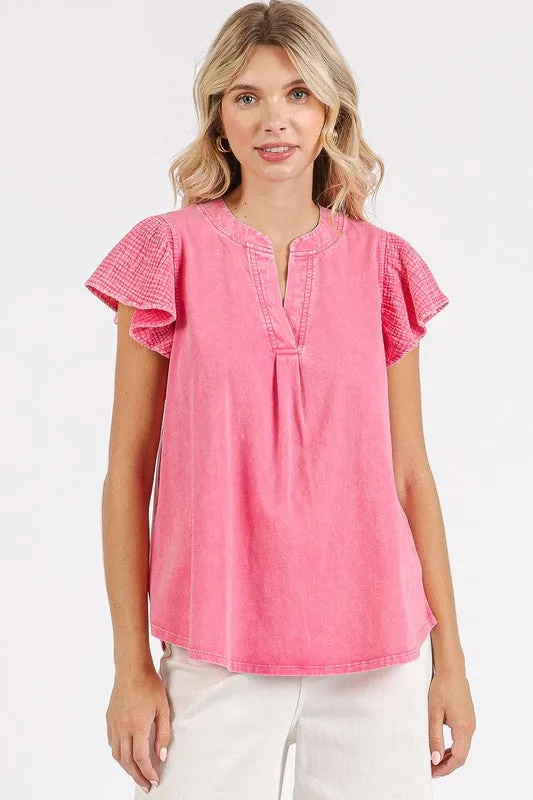 Mittoshop Mix Media Ruffle Short Sleeve Mineral Wash Top
