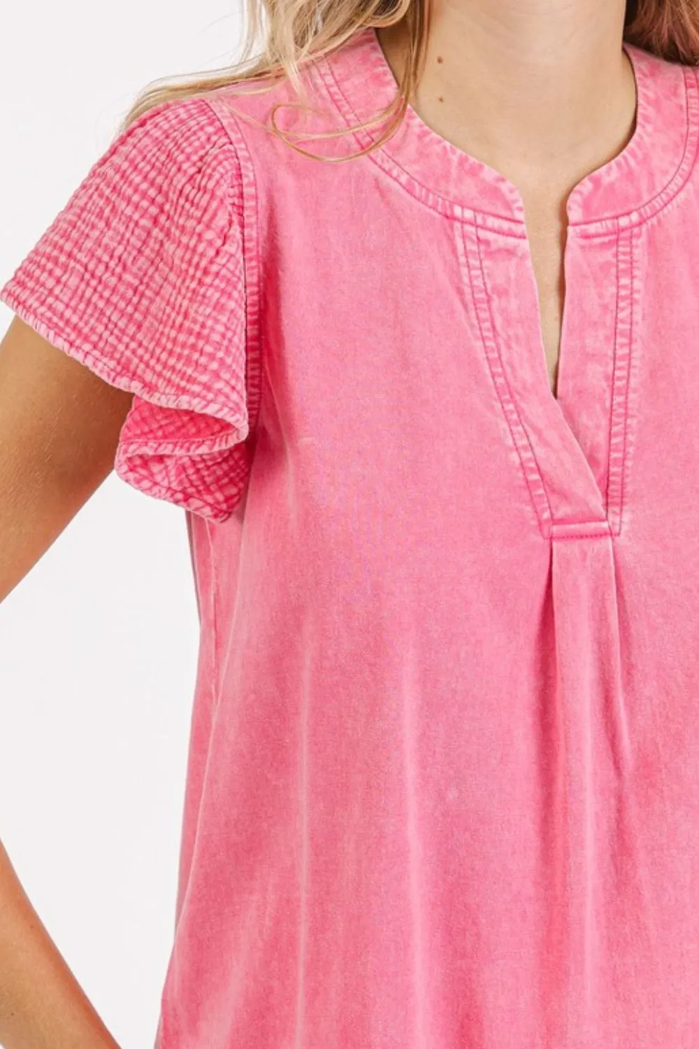 Mittoshop Mix Media Ruffle Short Sleeve Mineral Wash Top