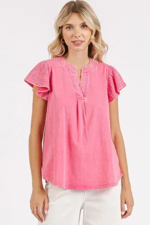 Mittoshop Mix Media Ruffle Short Sleeve Mineral Wash Top