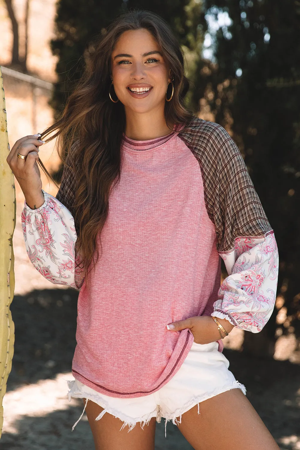 Mixed Print Ribbed Knit Blouse