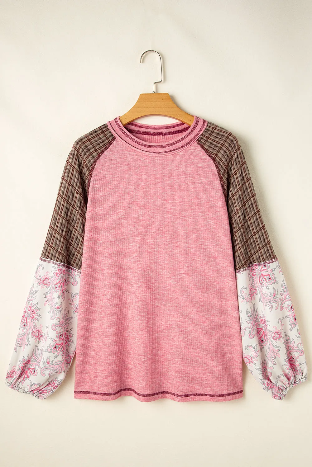 Mixed Print Ribbed Knit Blouse