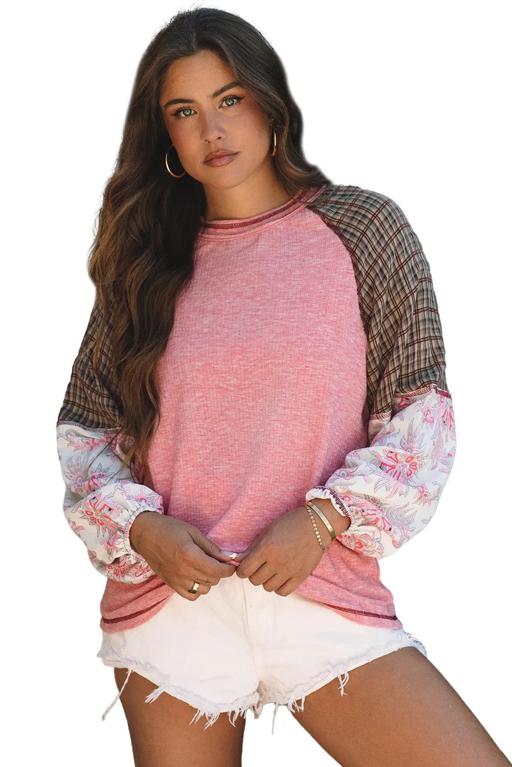 Mixed Print Ribbed Knit Blouse