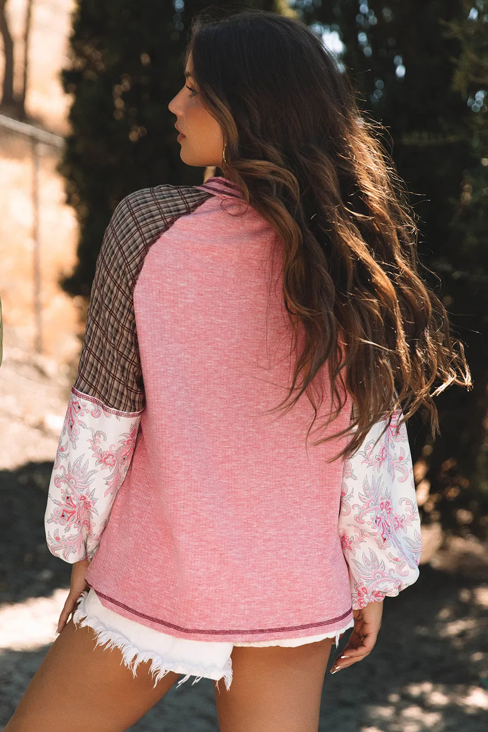 Mixed Print Ribbed Knit Blouse