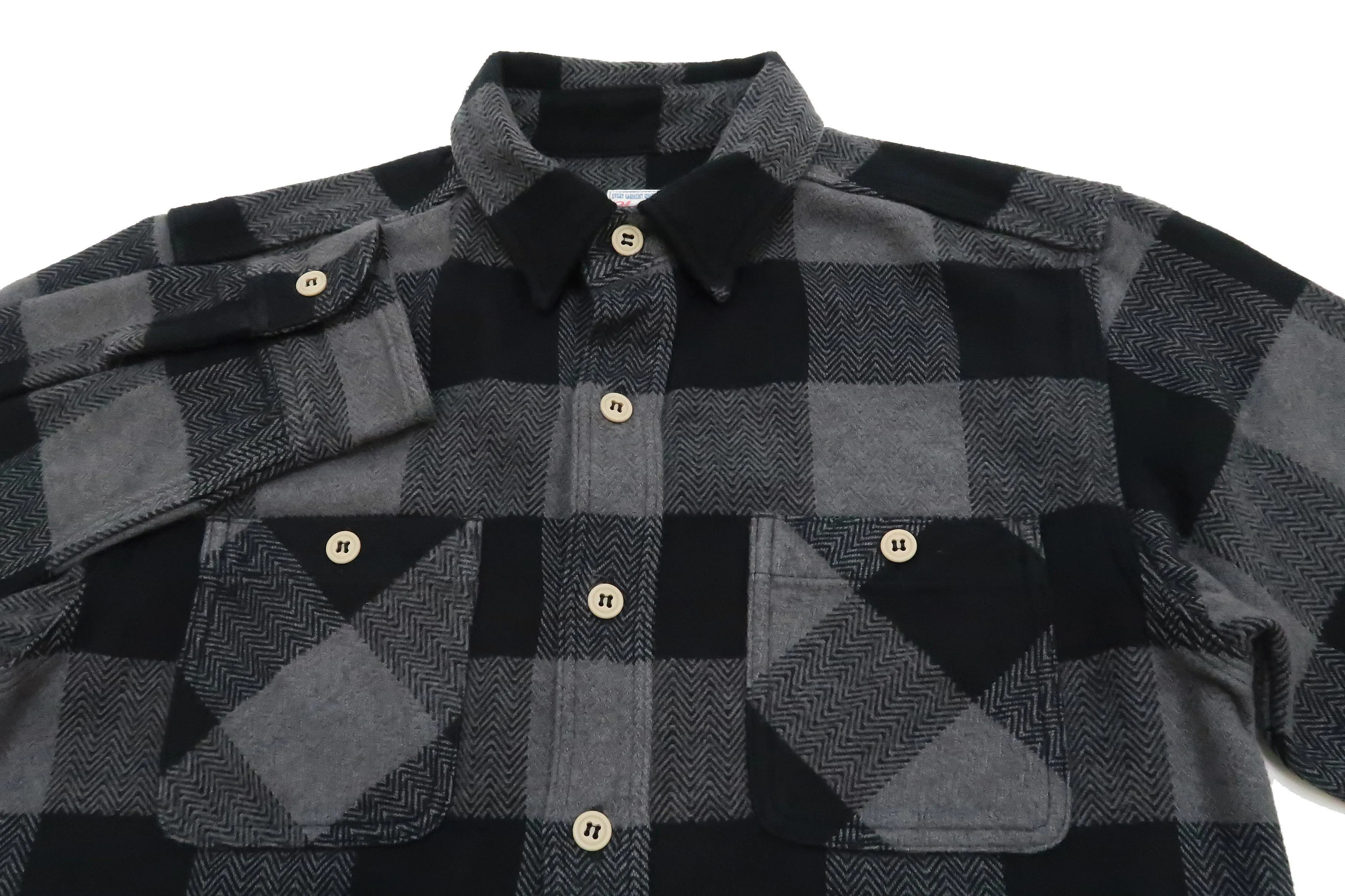 Momotaro Jeans Flannel Shirt Men's Herringbone Twill Buffalo Plaid Long Sleeve Work Shirt MLS1020M23 Gray/Black
