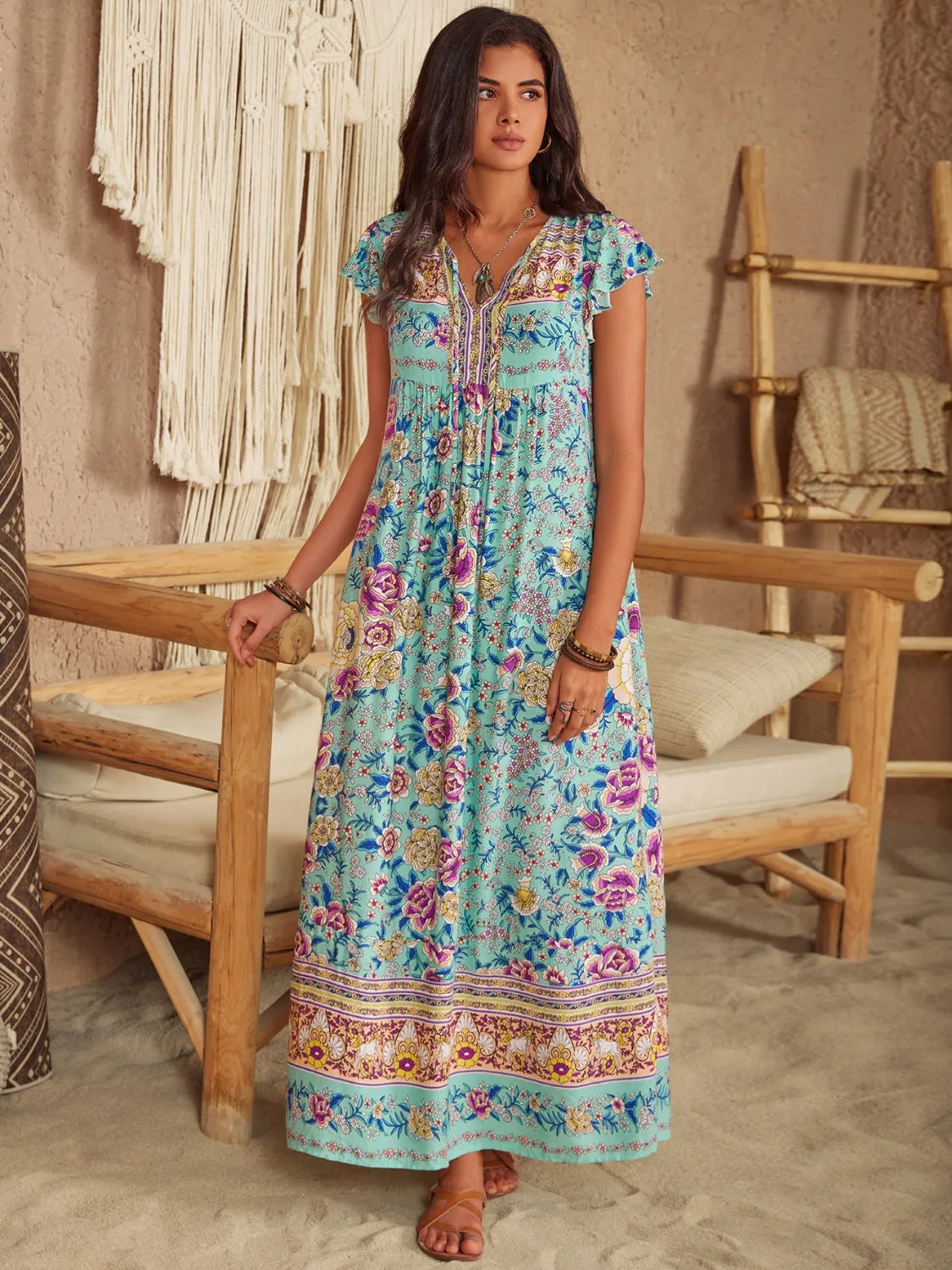 Monica Ruffled Printed Tie Neck Cap Sleeve Dress