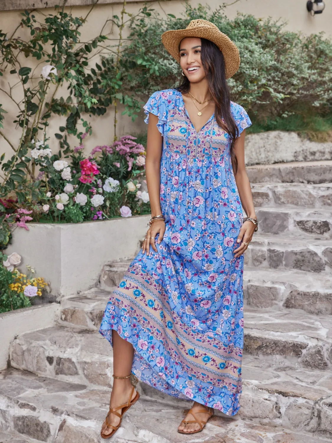Monica Ruffled Printed Tie Neck Cap Sleeve Dress