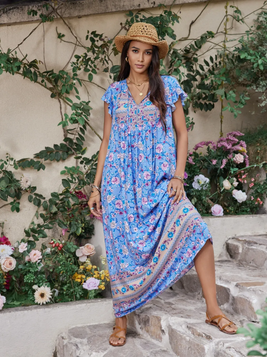 Monica Ruffled Printed Tie Neck Cap Sleeve Dress