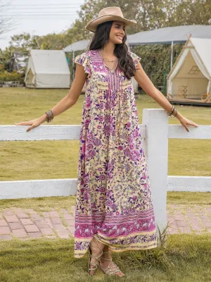 Monica Ruffled Printed Tie Neck Cap Sleeve Dress