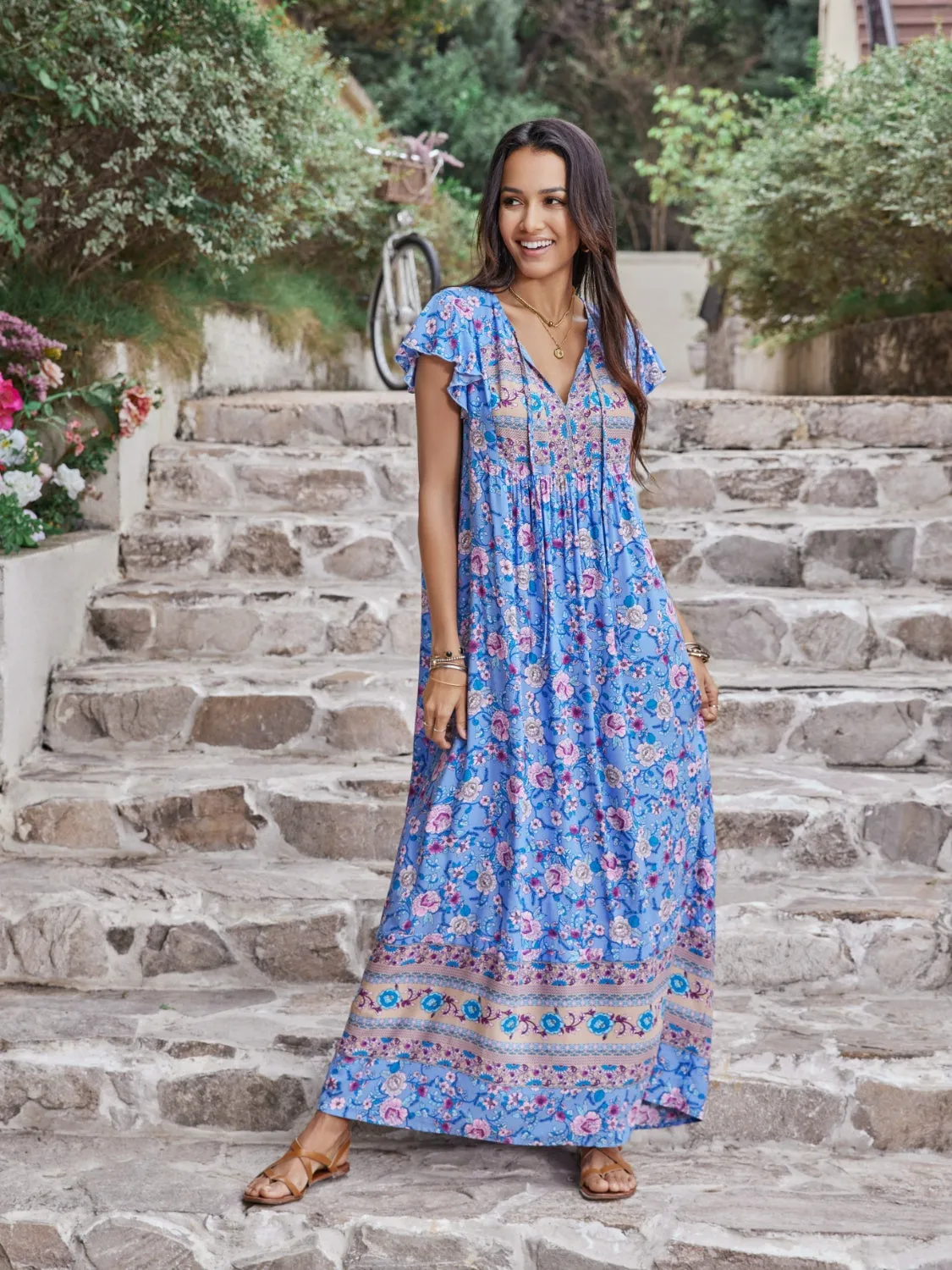 Monica Ruffled Printed Tie Neck Cap Sleeve Dress
