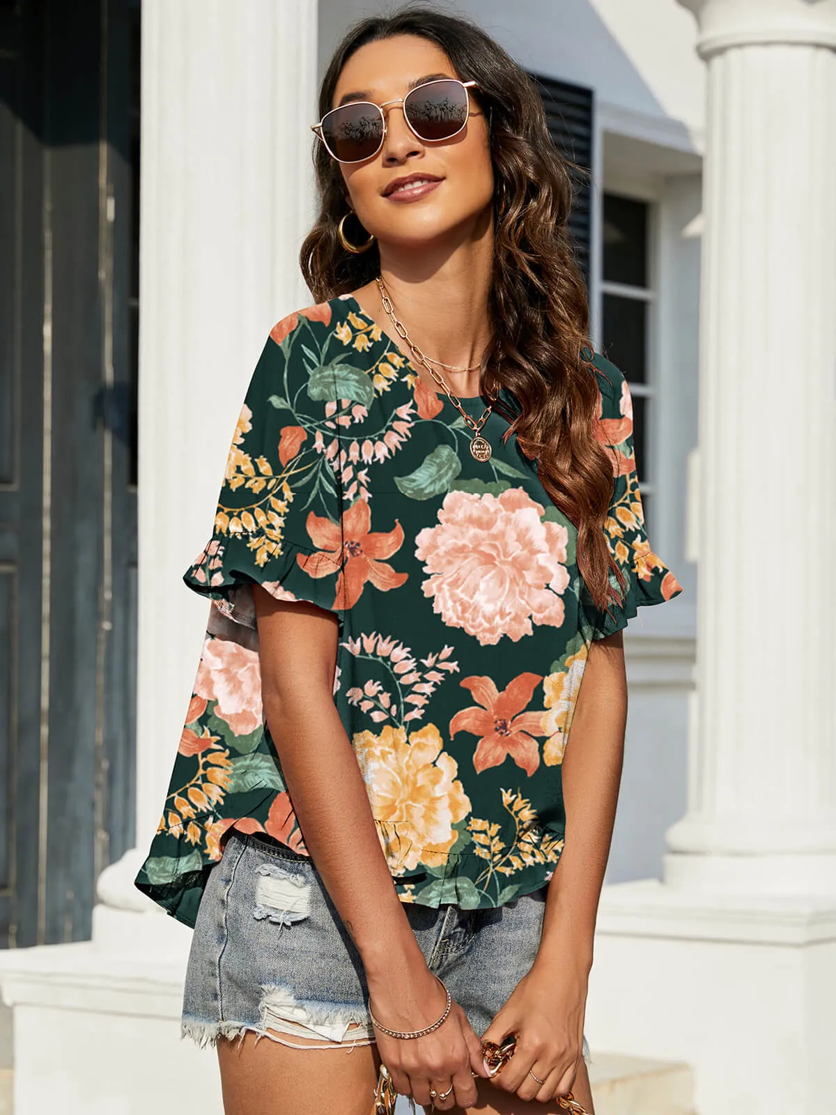 Moriah Floral Ruffled Flounce Sleeve Blouse