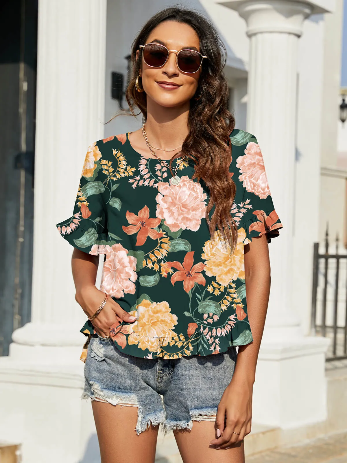 Moriah Floral Ruffled Flounce Sleeve Blouse