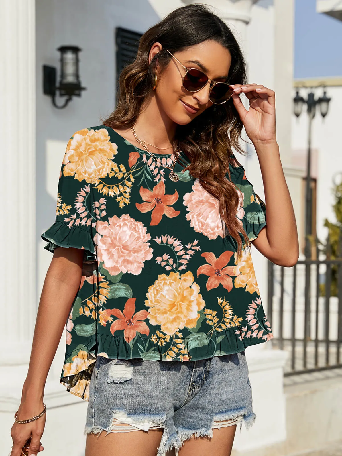 Moriah Floral Ruffled Flounce Sleeve Blouse