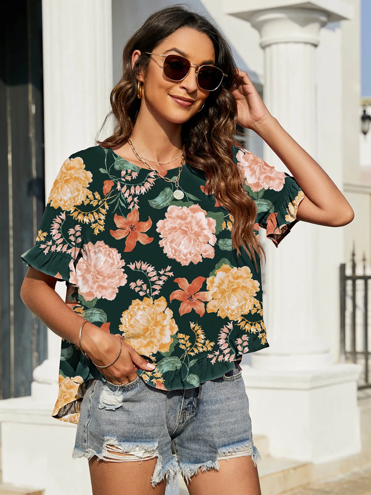 Moriah Floral Ruffled Flounce Sleeve Blouse