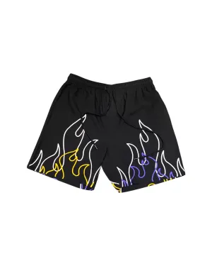 MPR CLOTHING BLACK FLAME LONG DRAWSTRING SHORTS PURPLE/YELLOW