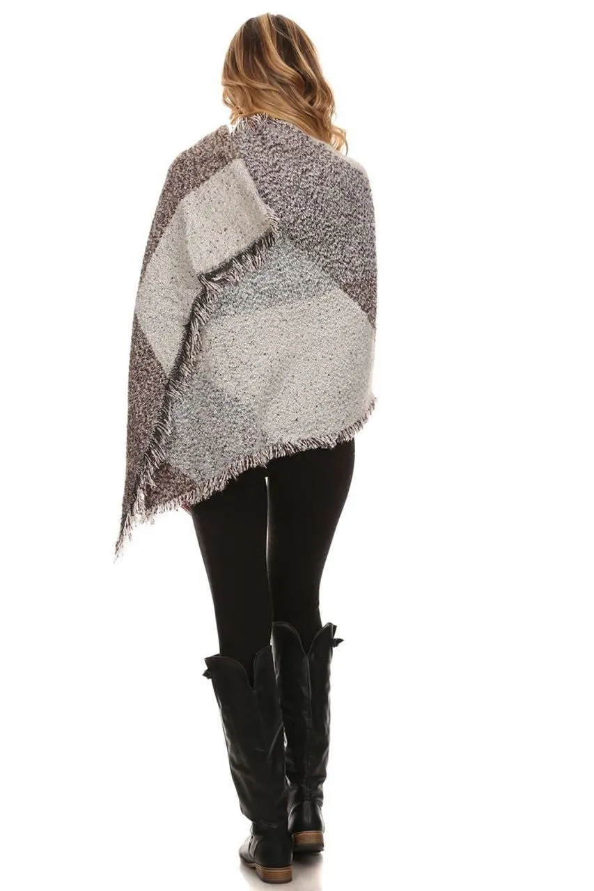 Multi Burgundy Color Gray Viscose Wool Blanket Cardigan Poncho One Size
