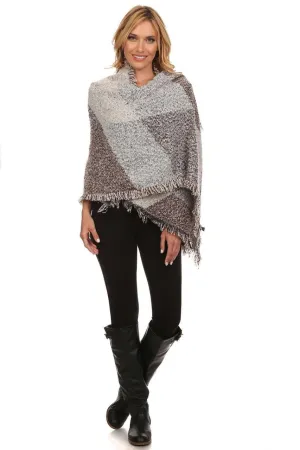 Multi Burgundy Color Gray Viscose Wool Blanket Cardigan Poncho One Size