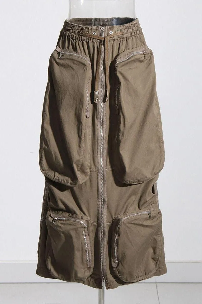 multi-pocket zipper high waist skirt