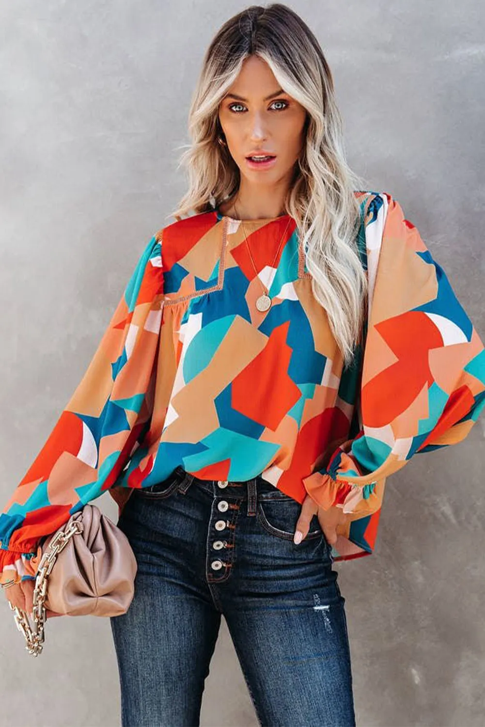 Multicolor Abstract Pattern Crewneck Ruffled Puff Sleeve Blouse