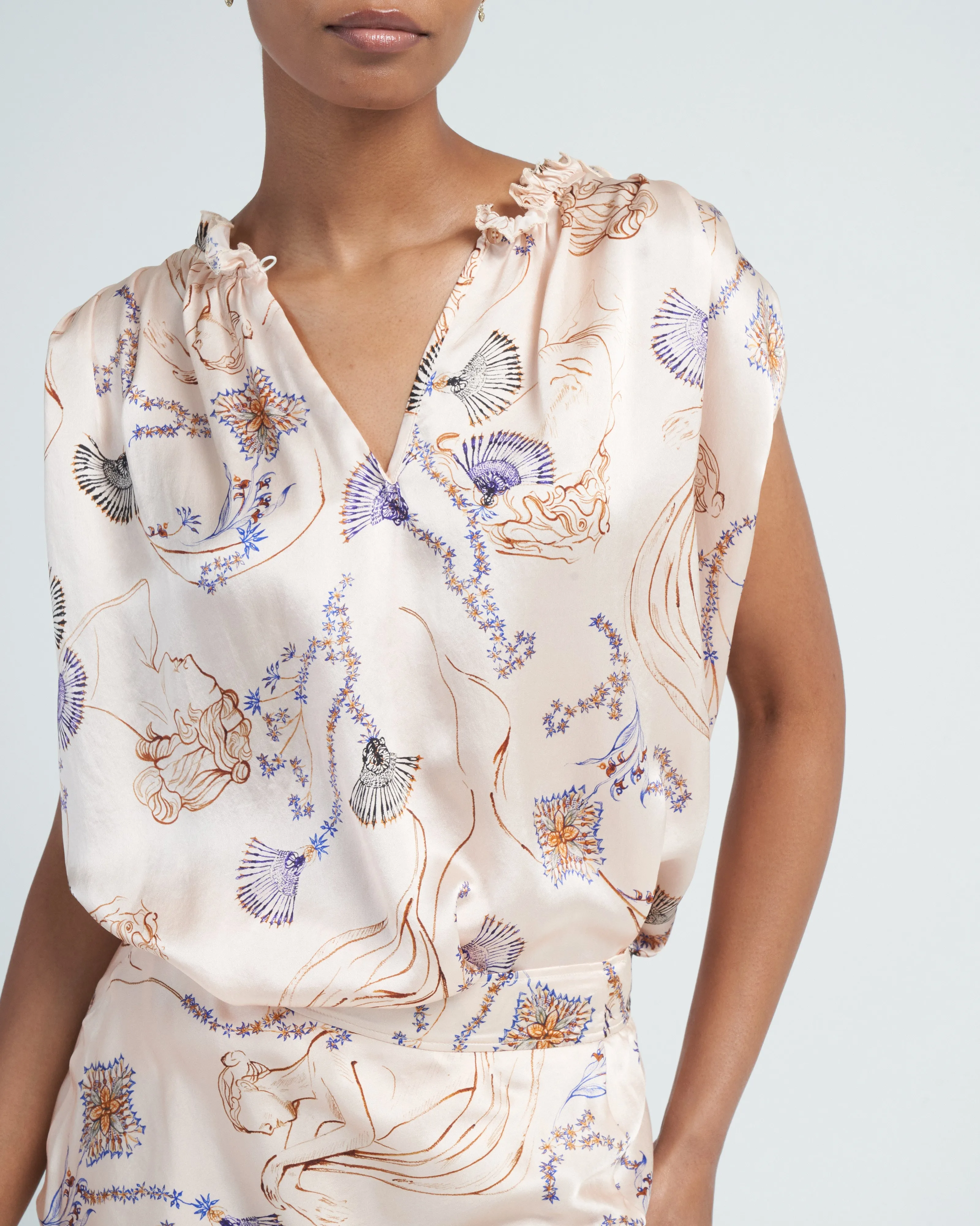musa print silk satin tank top - ivory