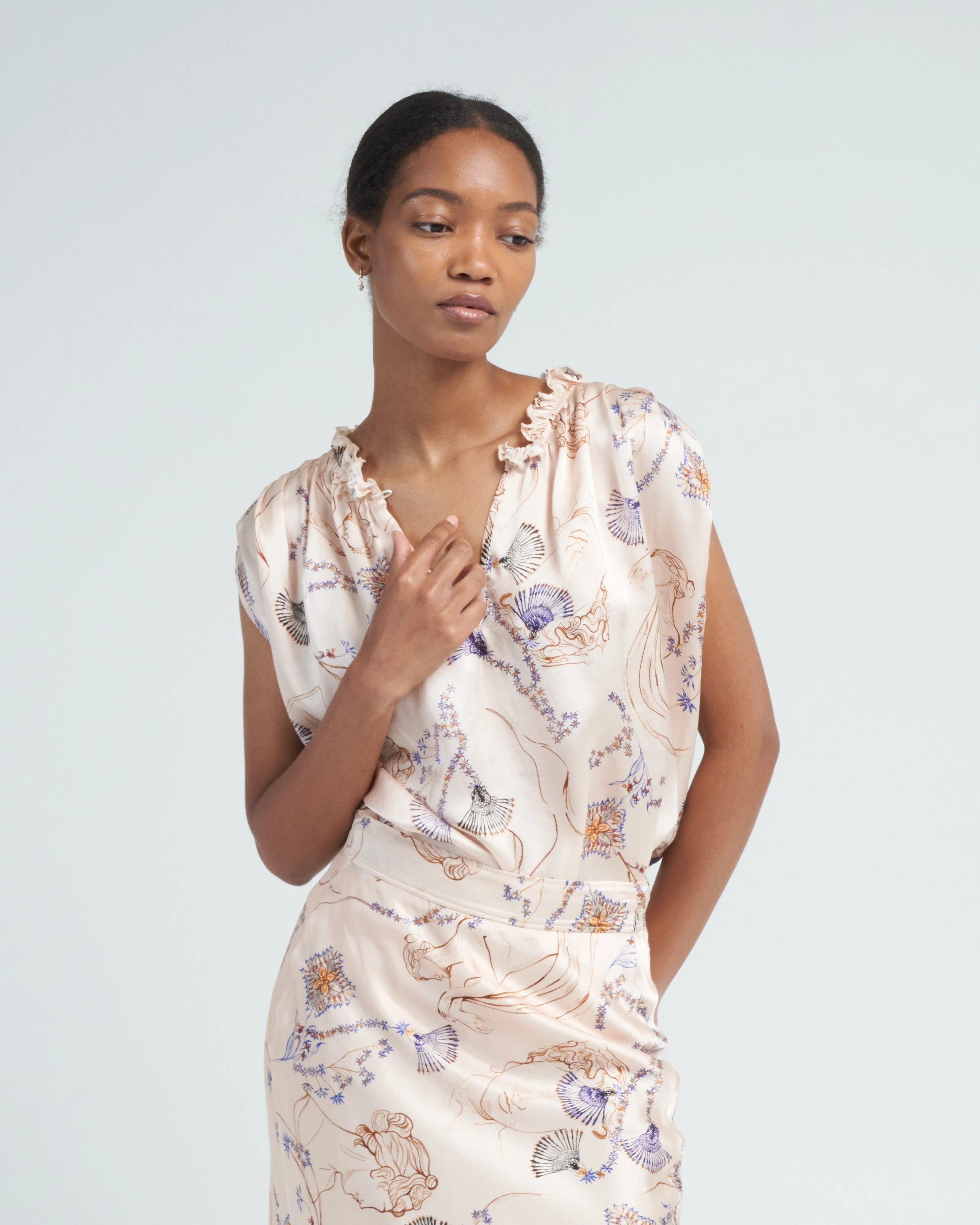 musa print silk satin tank top - ivory