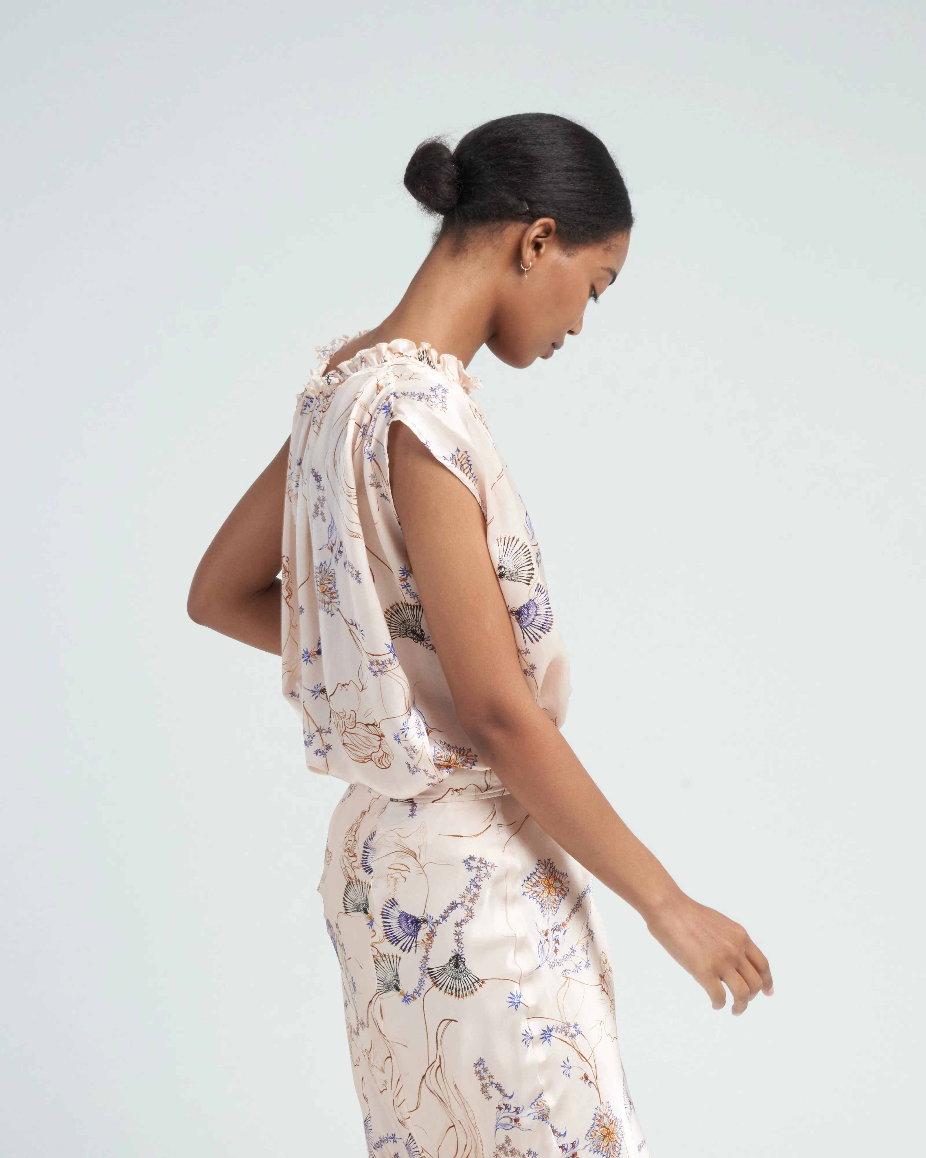 musa print silk satin tank top - ivory