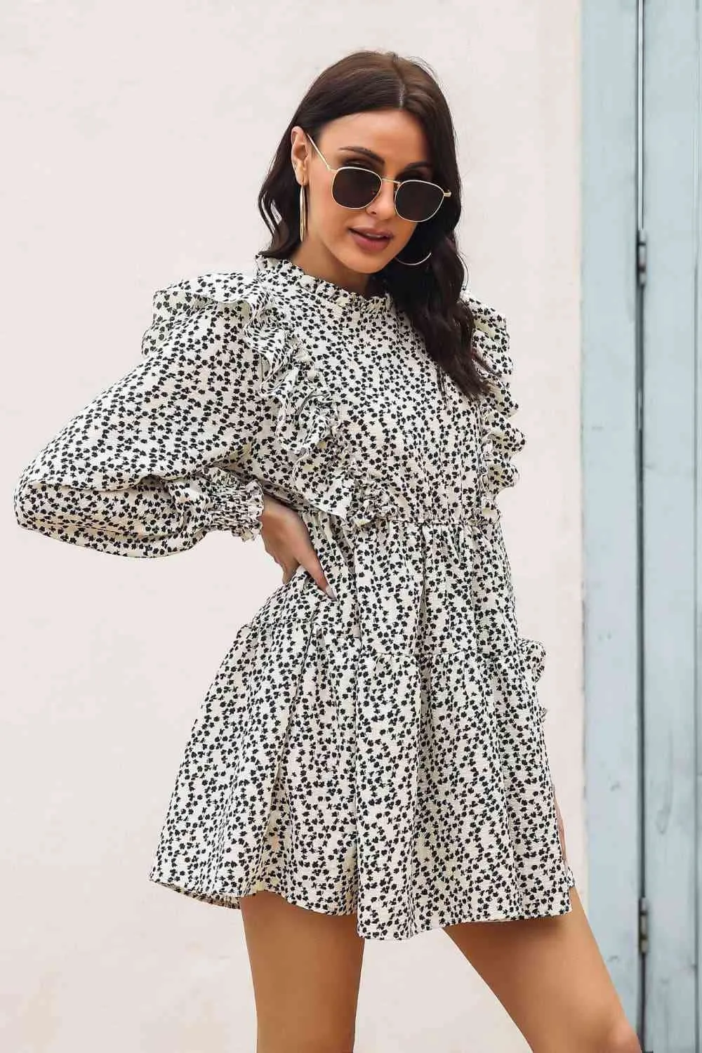 Mylie Printed Ruffle Trim Smocked Long Sleeve Mini Dress