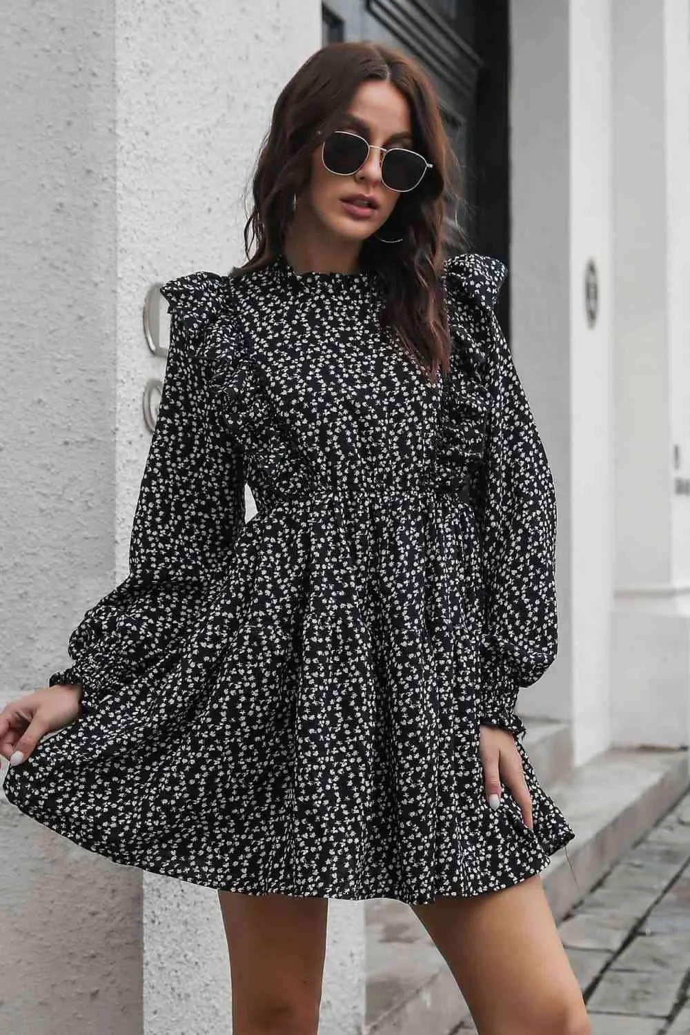 Mylie Printed Ruffle Trim Smocked Long Sleeve Mini Dress