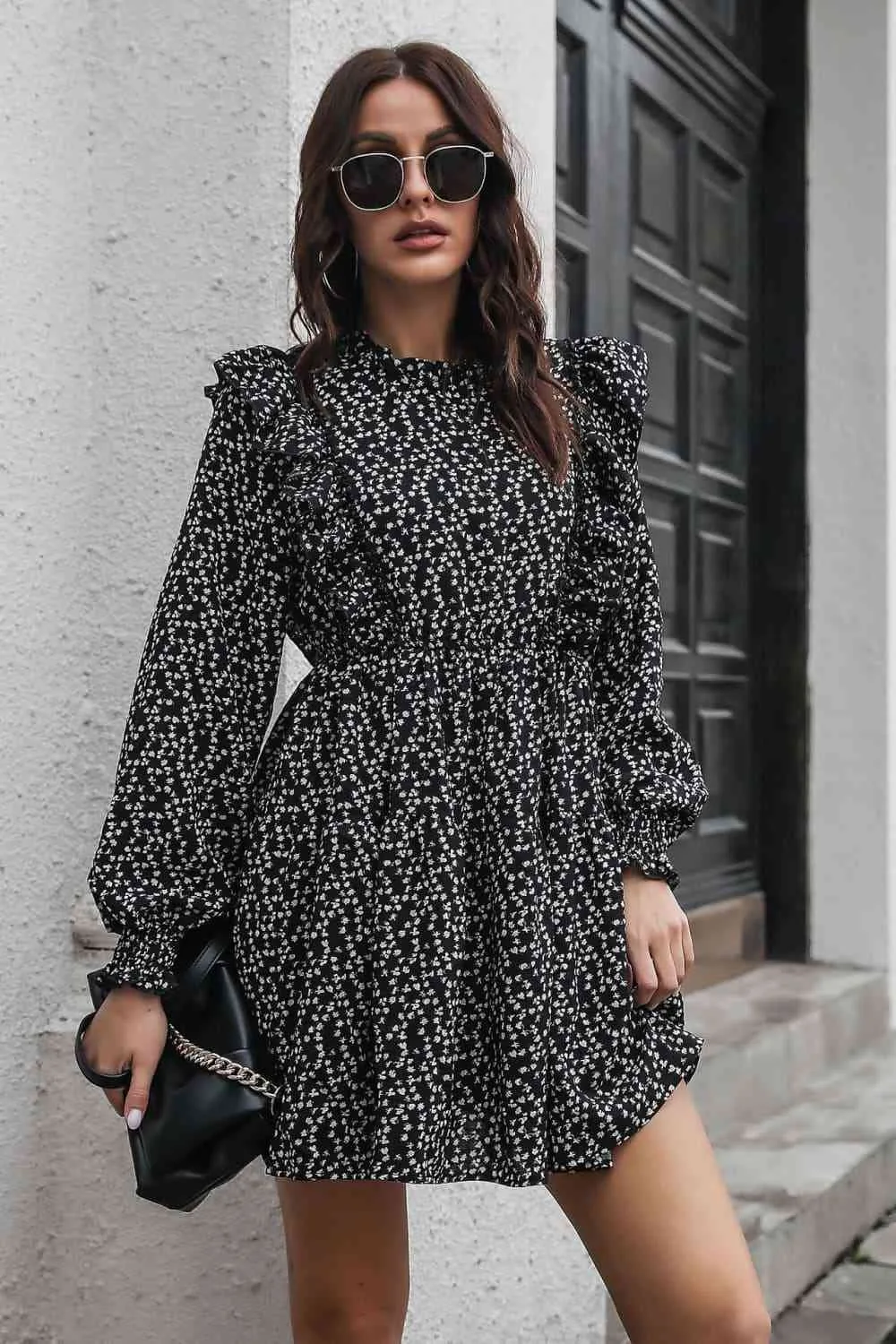 Mylie Printed Ruffle Trim Smocked Long Sleeve Mini Dress