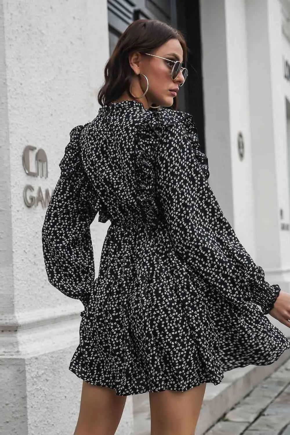 Mylie Printed Ruffle Trim Smocked Long Sleeve Mini Dress