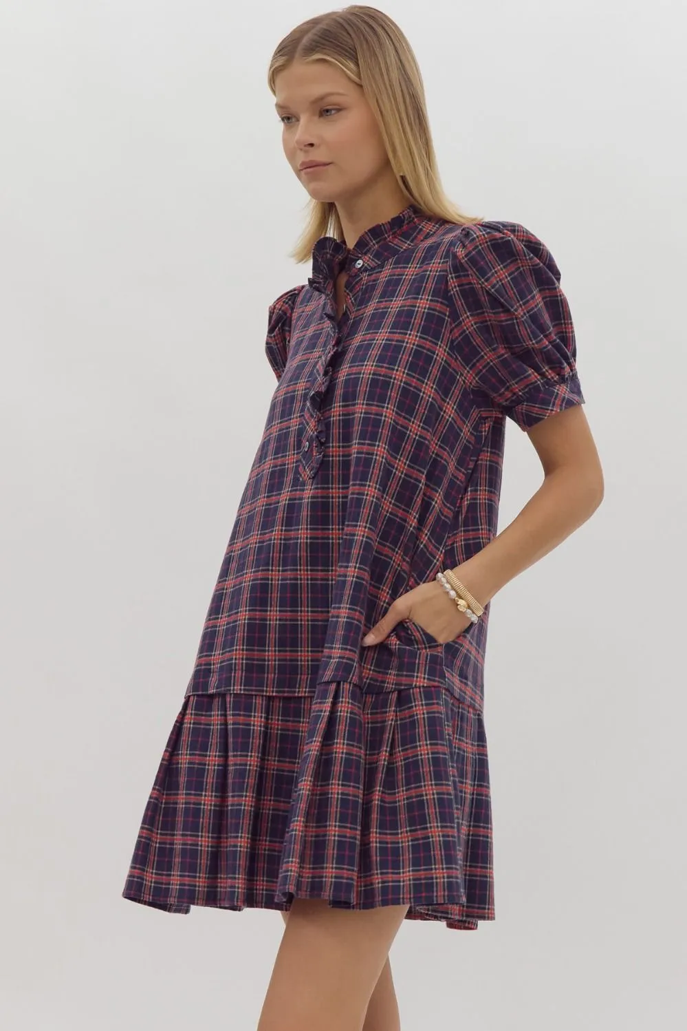 Navy & Red Plaid Mock Neck Dress