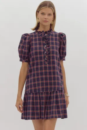 Navy & Red Plaid Mock Neck Dress