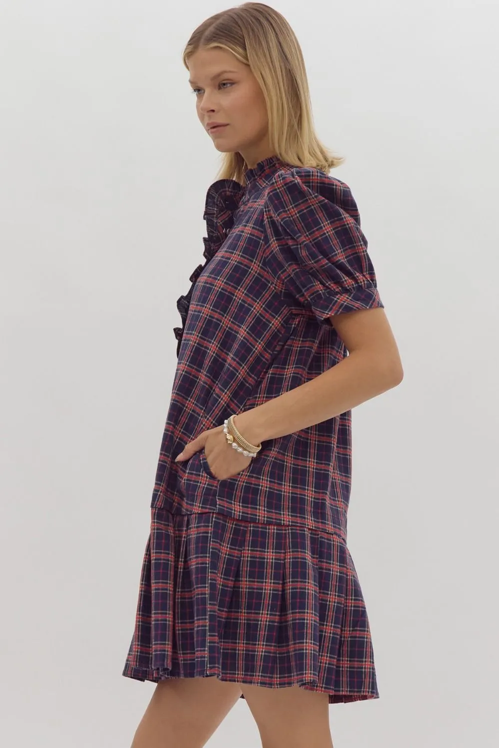 Navy & Red Plaid Mock Neck Dress