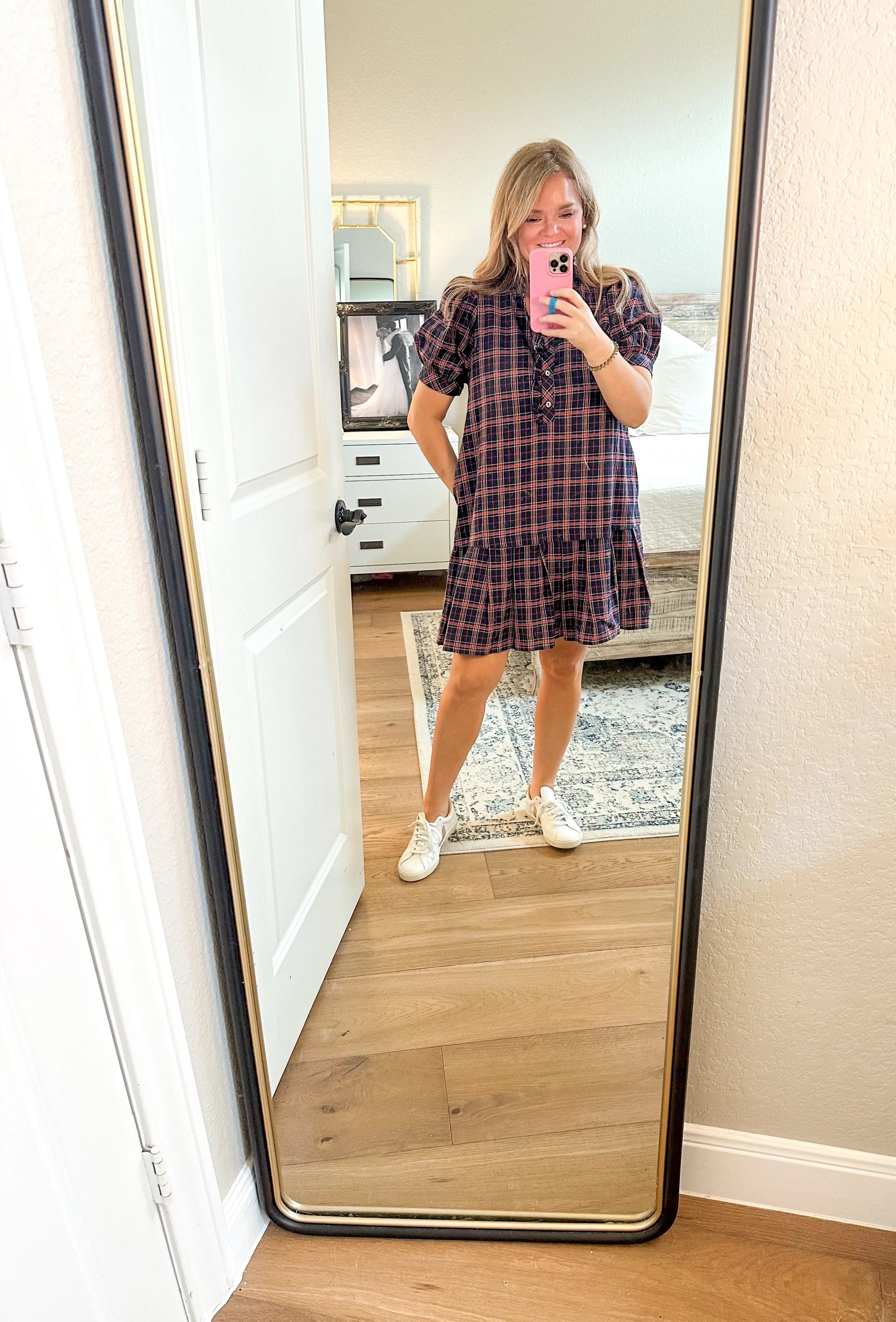 Navy & Red Plaid Mock Neck Dress