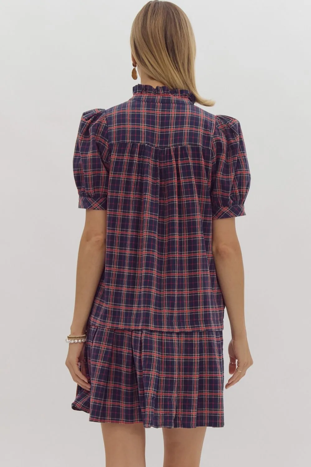 Navy & Red Plaid Mock Neck Dress