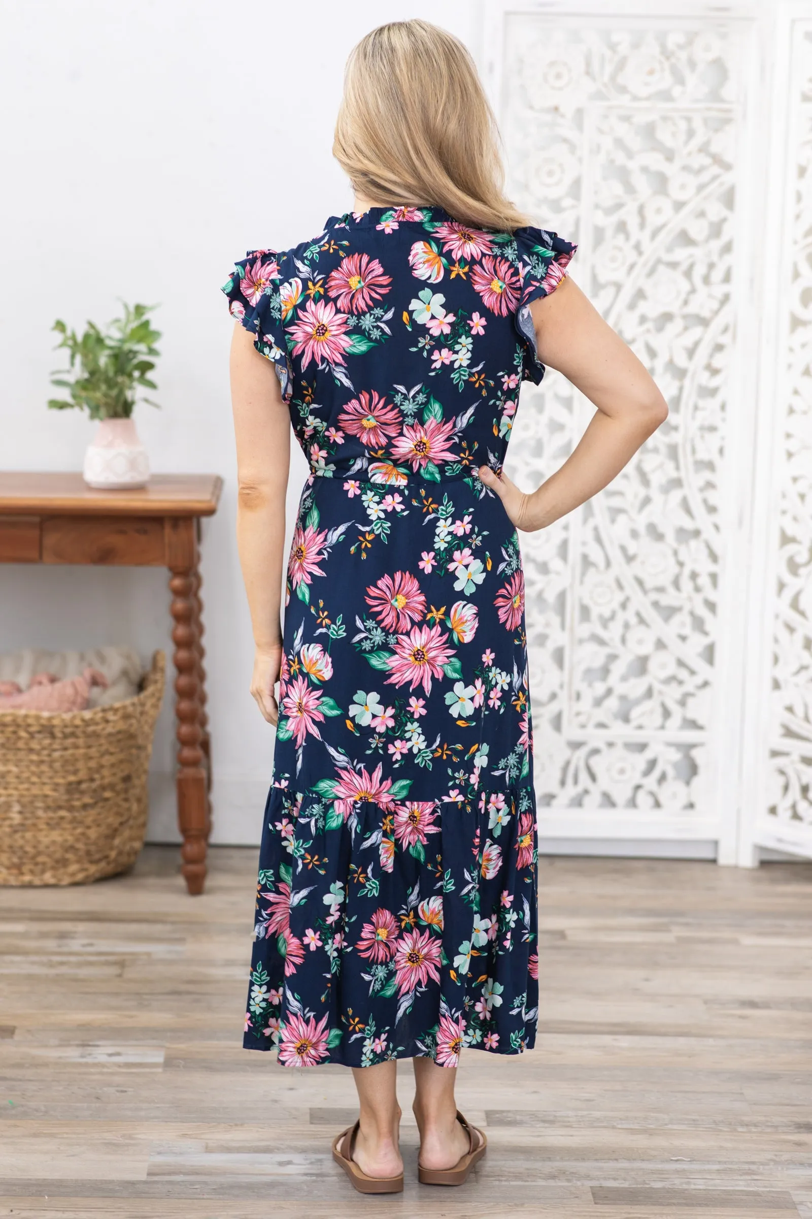 Navy Floral Print Ruffled V-Neck Midi Dress