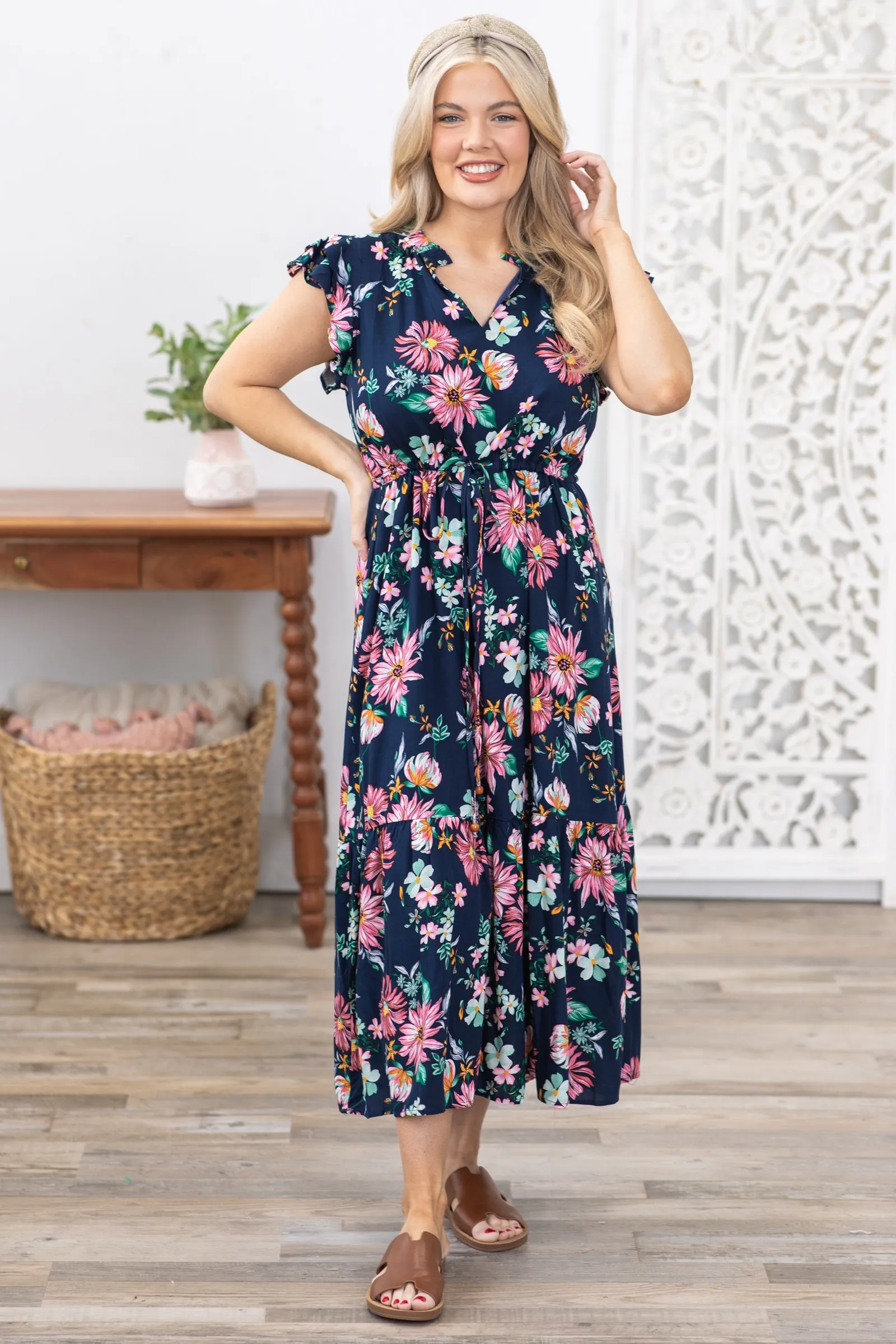 Navy Floral Print Ruffled V-Neck Midi Dress