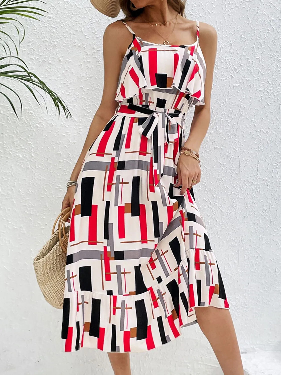Nayeli Ruffled Printed Tie Waist Midi Dress