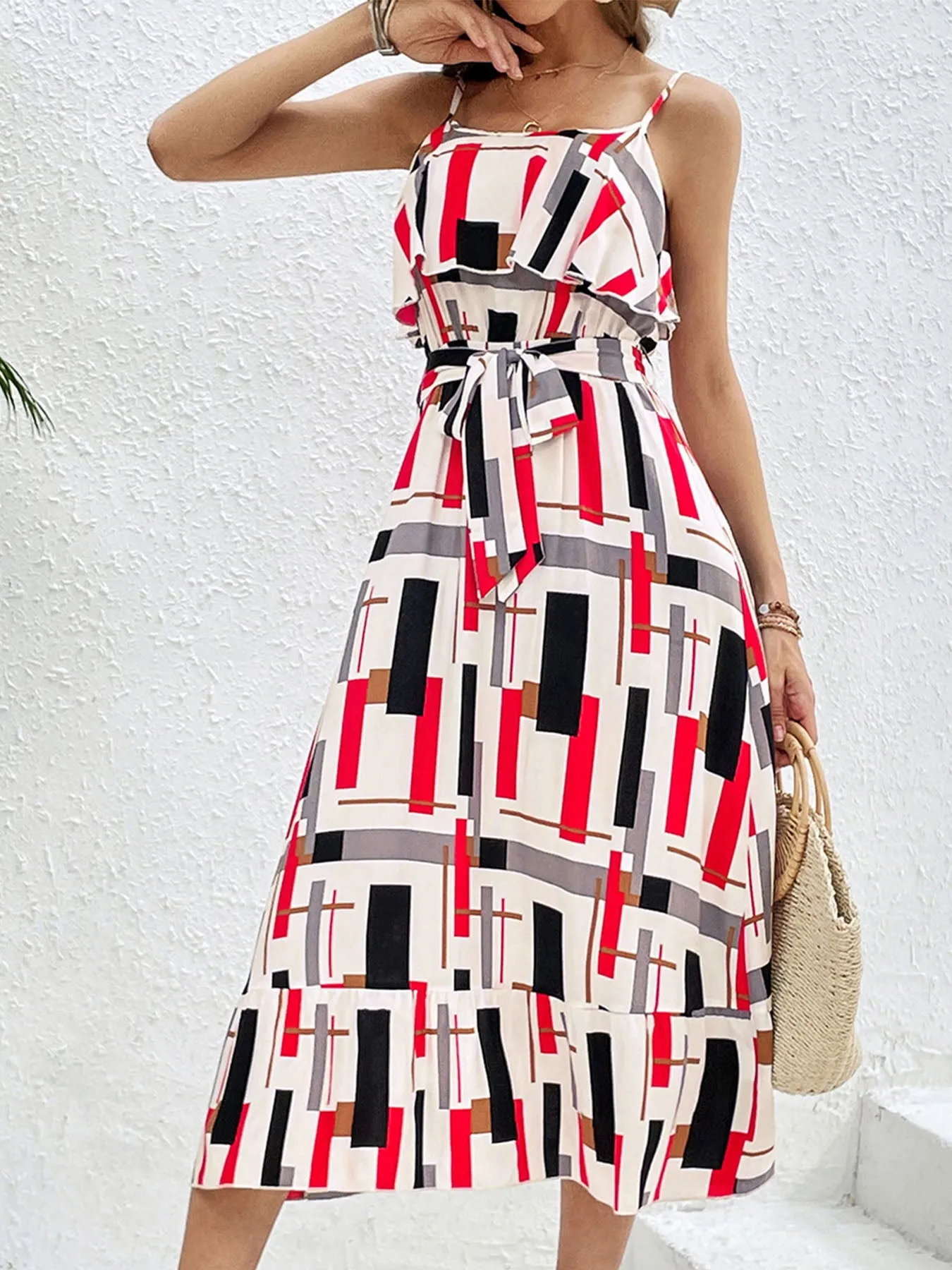 Nayeli Ruffled Printed Tie Waist Midi Dress