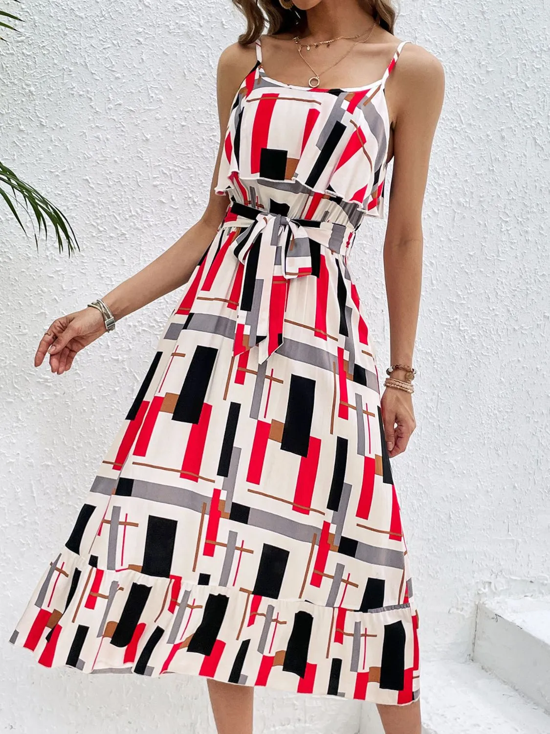 Nayeli Ruffled Printed Tie Waist Midi Dress
