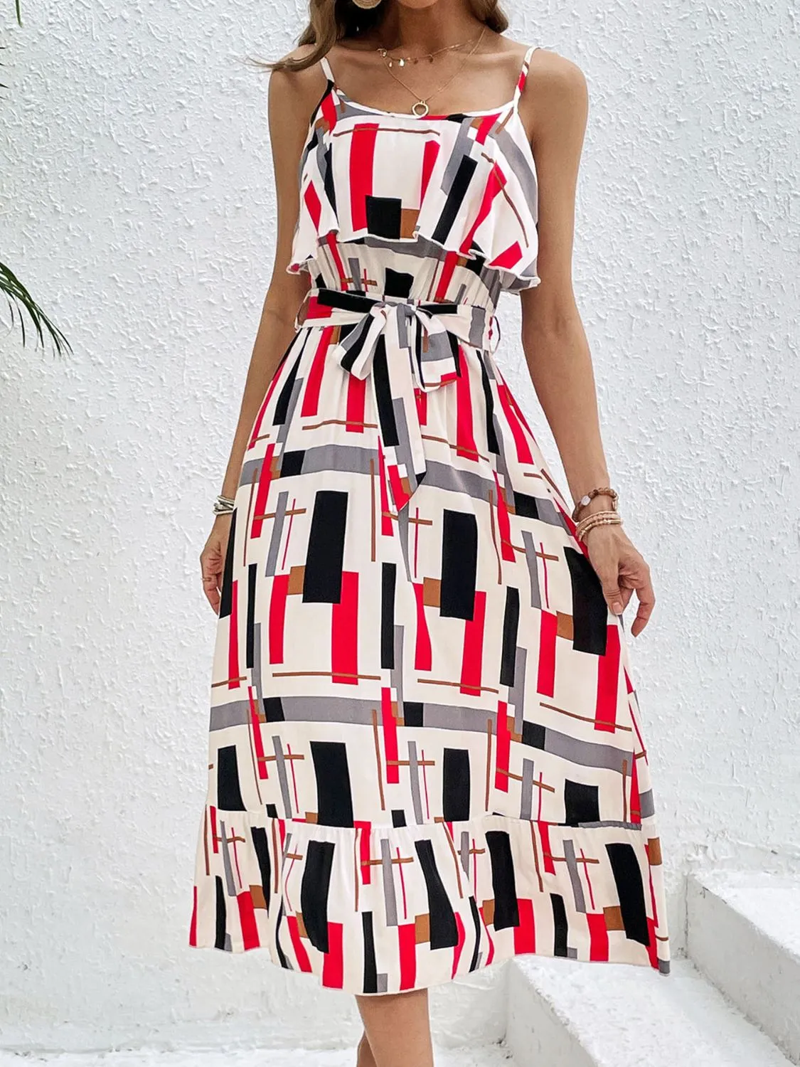 Nayeli Ruffled Printed Tie Waist Midi Dress