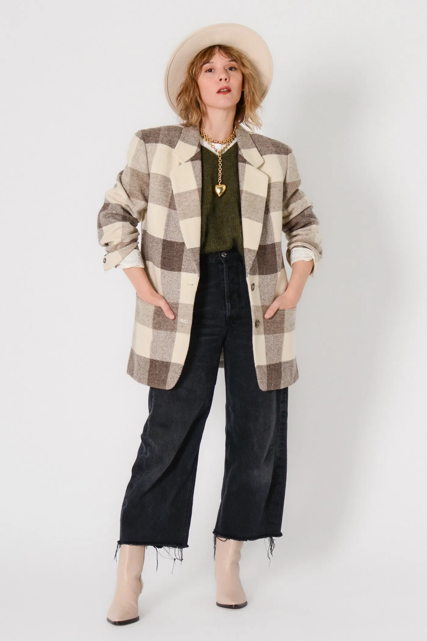 Neutral Buffalo Plaid Wool Blazer