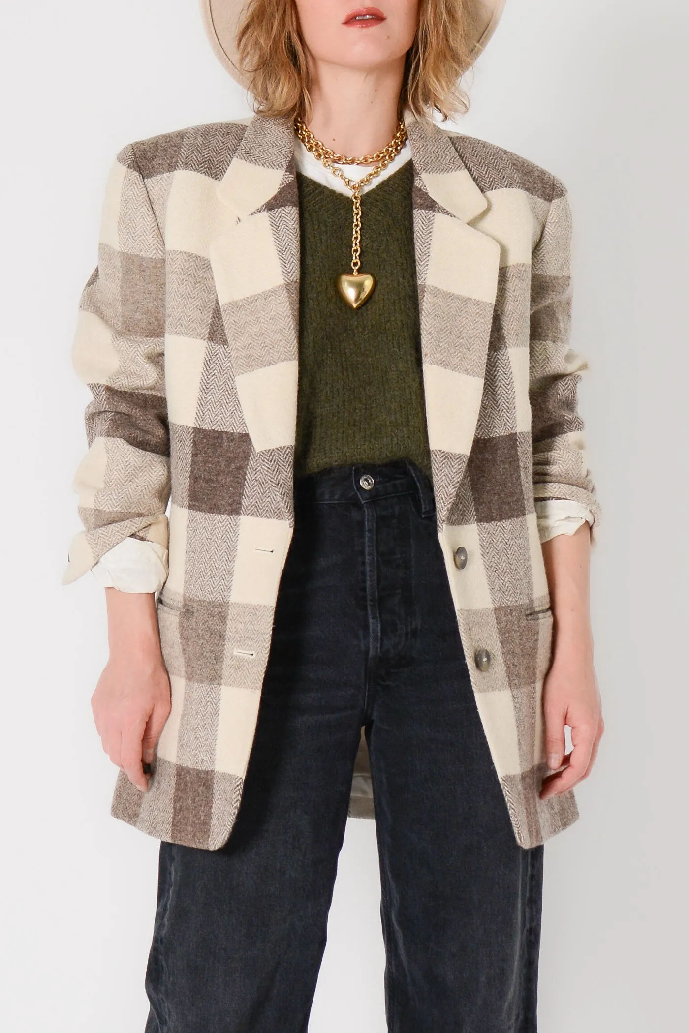 Neutral Buffalo Plaid Wool Blazer