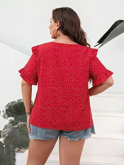 Neve Plus Size Printed Notched Flounce Sleeve Blouse