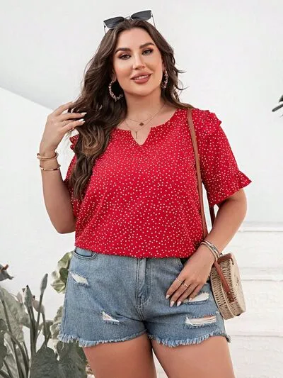 Neve Plus Size Printed Notched Flounce Sleeve Blouse