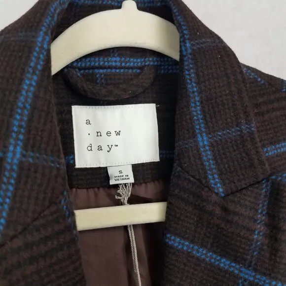 NEW A new day Size S Double Breasted Coat in Brown Blue Plaid NWT $60