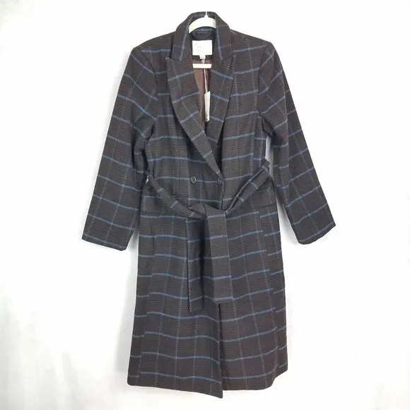 NEW A new day Size S Double Breasted Coat in Brown Blue Plaid NWT $60