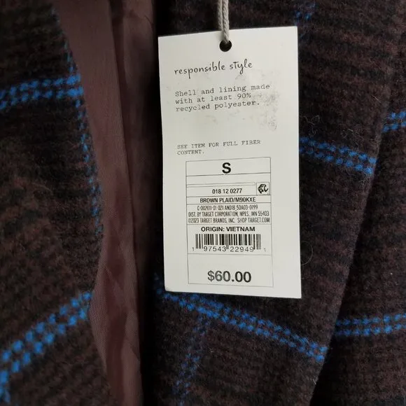 NEW A new day Size S Double Breasted Coat in Brown Blue Plaid NWT $60