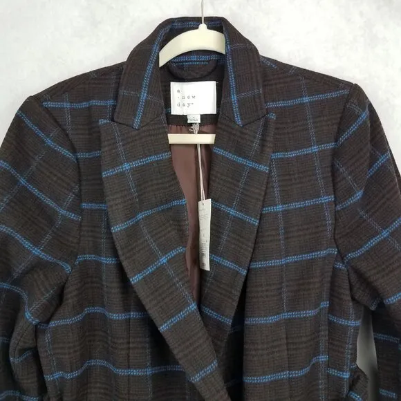 NEW A new day Size S Double Breasted Coat in Brown Blue Plaid NWT $60